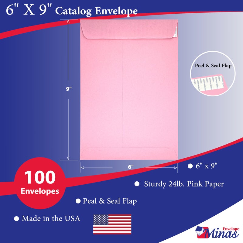 Minas Envelope 100 Minas Envelope 6" x 9" Catalog Envelopes, Peel & Seal Flap, Sturdy 24lb. Paper, 100 Count (Pink) - Image 2